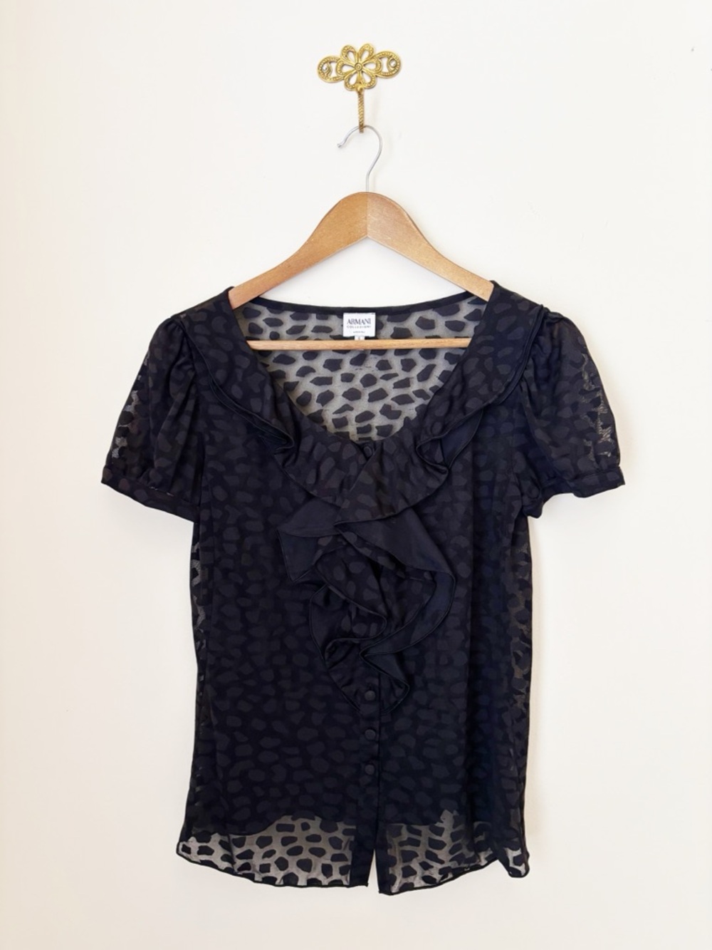 Armani Collezioni Vintage 90's Black Burnout Ruffle Button Up Top Sz 6